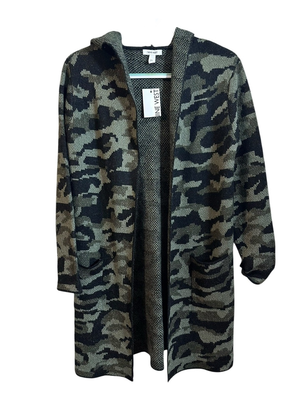 Nine West Green Camo Open Hooded Cardigan